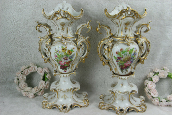 Antique XL 19thc French Vieux paris porcelain music Floral Vases