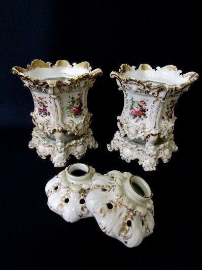 PAIR antique French vieux paris porcelain potpourri Vases attr jacob petit