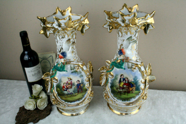 Rare Antique 19thc old paris vieux porcelain Salamander bird Vases dog scene