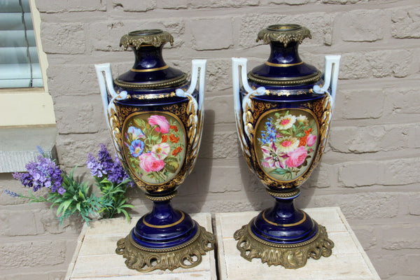 PAIR antique Vieux paris bayeux porcelain oil lamp vases portrait lady