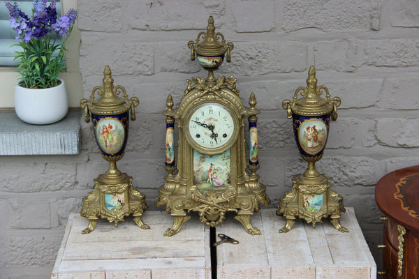 French Porcelain Clock set urns vases victorian romantic scenes