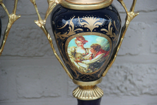 PAIR French Limoges cobalt blue porcelain Vases Landscape romantic scene