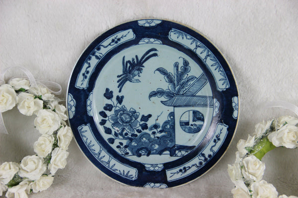 Antique DELFT blue white pottery 18thc plate birds decor rare