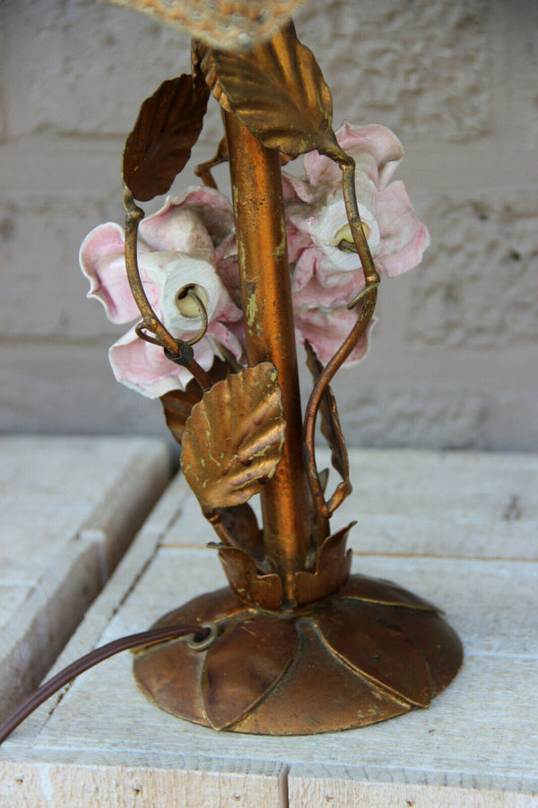 French metal gold gilt pink porcelain flower table lamp 1960