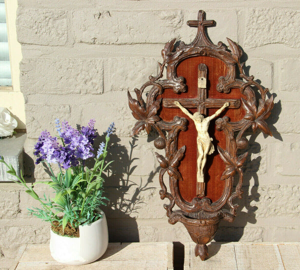 Rare Antique Black FOREST wood carved crucifix meerschaum holy water font