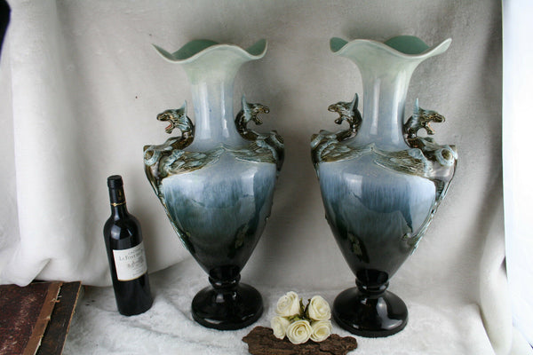 XL unusual PAIR French BARBOTINE majolica Art nouveau 1900 Dragon Vases marked