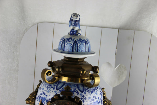 HUGE XL DELFT Blue white pottery VASE Bronze Lions heads RARE Signed Luppens