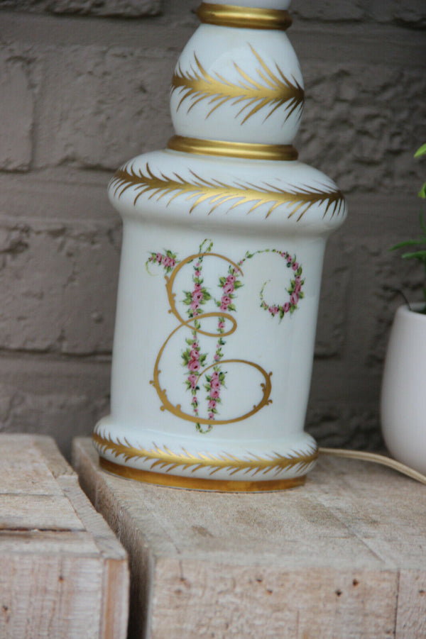 Antique French LIMOGES marked porcelain floral oil table lamp glass shade