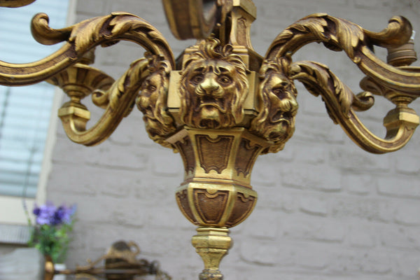 LARGE French antique MAZARIN bronze lions heads 6 arms chandelier