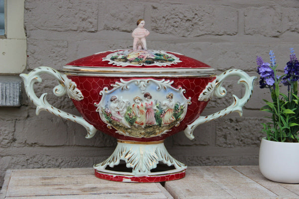 Large italian capodimonte marked porcelain centerpiece lidded bowl putti