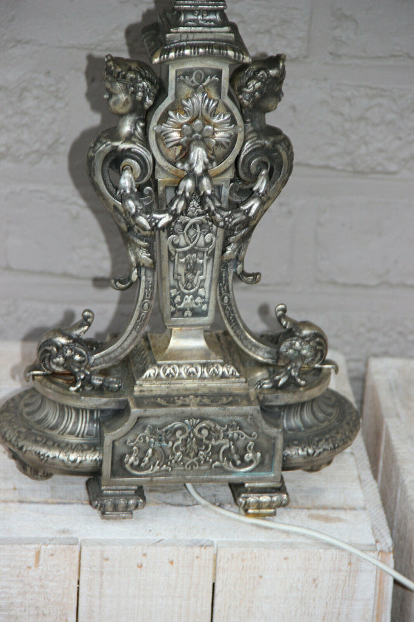 French Vintage bronze silver patina Caryatid angel cherub winged figurines lamp