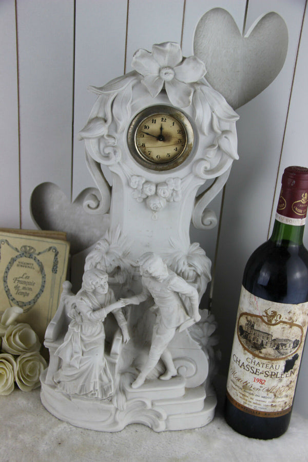 French vintage Bisque porcelain romantic couple clock group 1960
