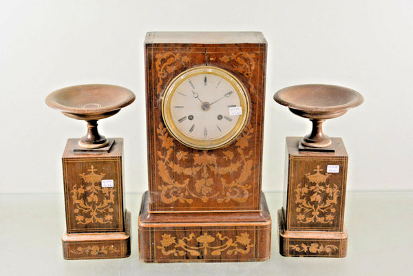 Gorgeous Antique 19th c French Marquetry inlaid Charles X wood clock set urns