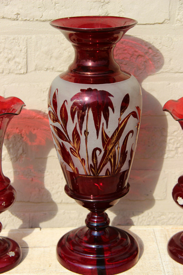 Set Czech bohemia ruby red colour etched glass Vases set floral decor 1960