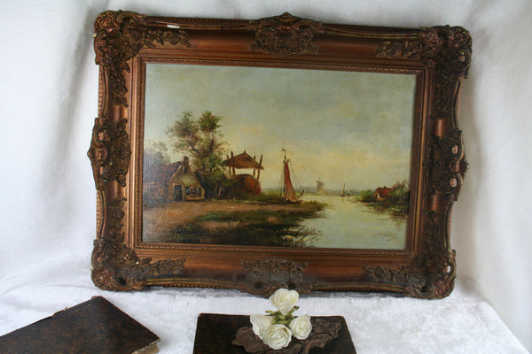 Holland Oil Canvas painting Dutch farm on the lake 1910 circa signed Willers