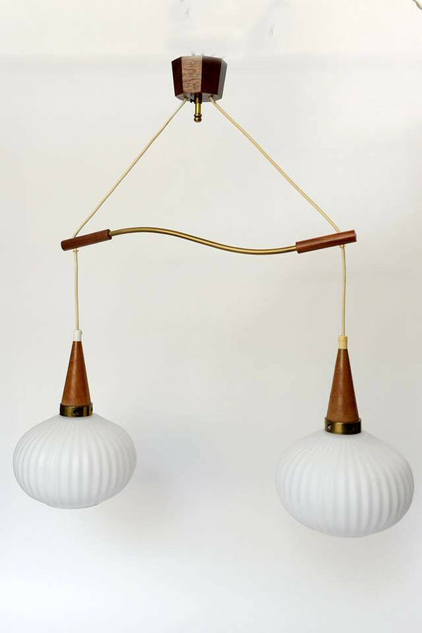 Mid century Retro Louis KALFF Teak wood pendant chandelier 2 opaline glass globe