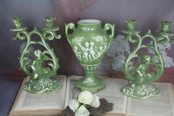 Set of 3 French Porcelain bisque Green PAIR Candle holder & vase putti cherub