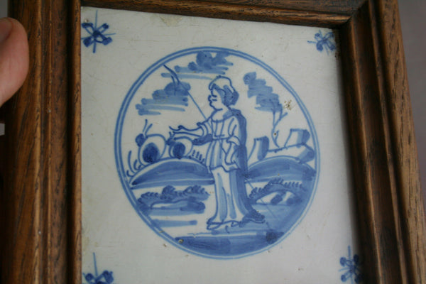 Antique 1850 Delft Ceramic Blue painted tile framed dutch