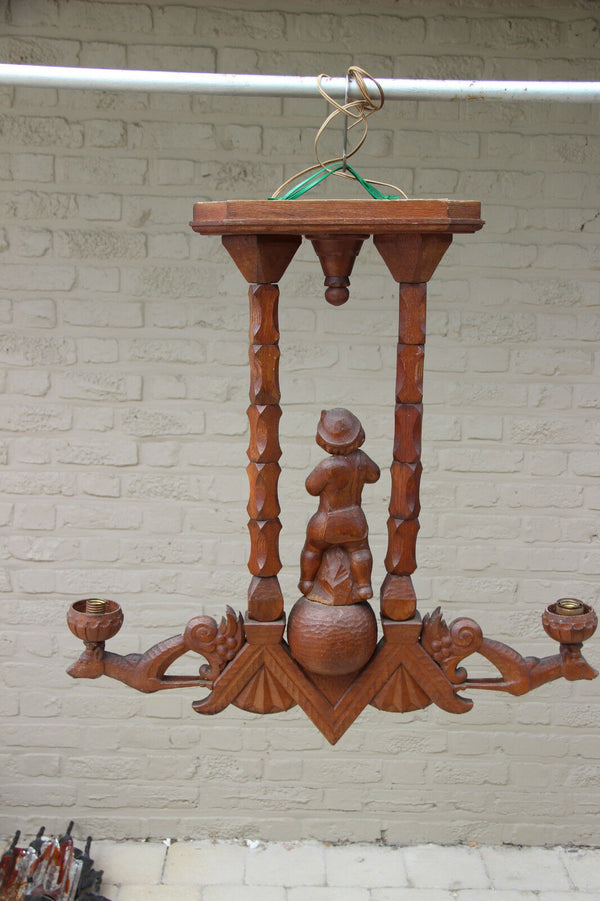 Antique German Black forest wood carved hunting deer chandelier pendant light