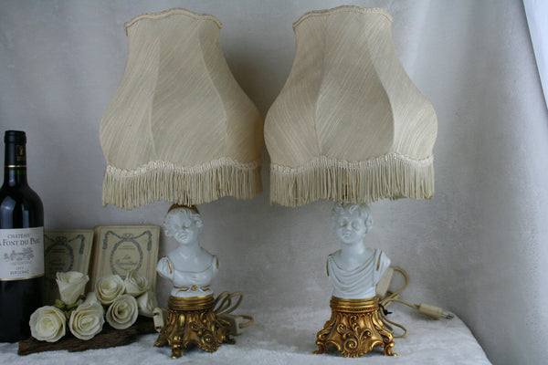 PAIR Italian capodimonte Tyche tosca porcelain buste boy girl lamp marked shade