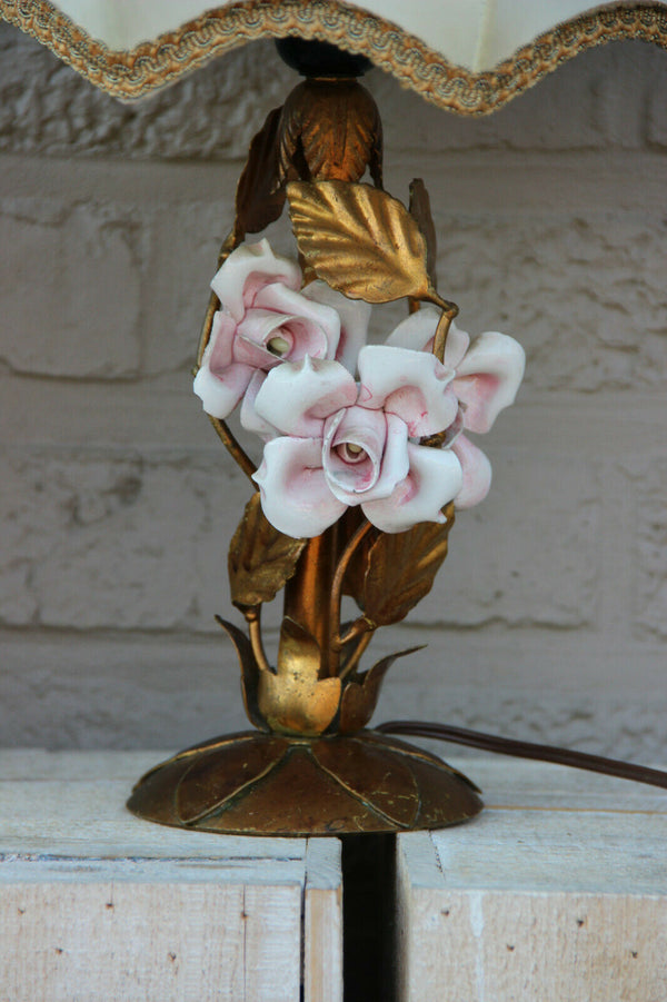 French metal gold gilt pink porcelain flower table lamp 1960