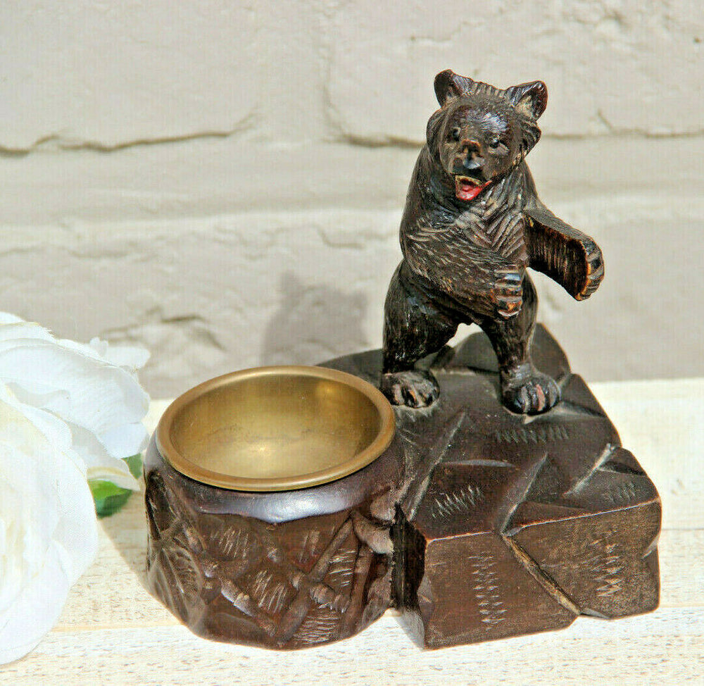 Antique hand Black forest wood carved swiss bear statue figurine  ashtray