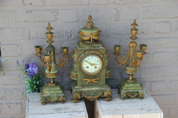 Antique French onyx and brass mantel clock set louis XVI decor candelabras