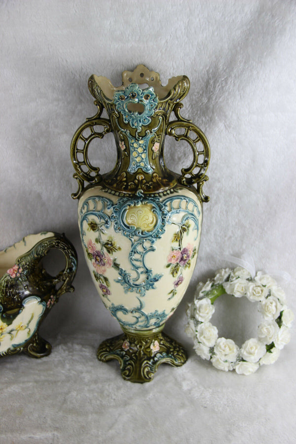 Antique French barbotine majolica Vases centerpiece set 1900 art nouveau
