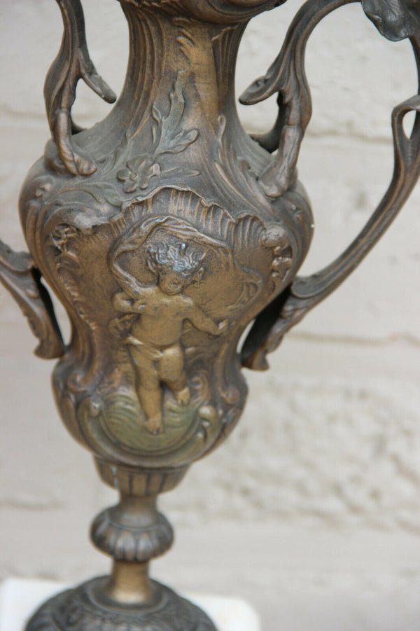 Antique French spelter bronze patina pair urns Vases putti angel marble base