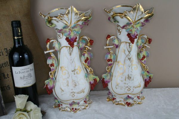 Antique 19thC PAIR vieux paris porcelain floral decor Vases