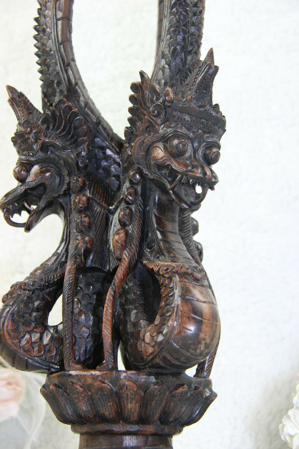 Antique Balinese wood carved dragon god naga figurines lamp