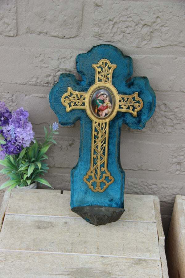 Antique French Holy water font crucifix porcelain medaillon madonna velvet