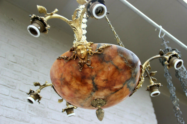 Gorgeous French amber alabaster bowl coupe caryatid heads chandelier lamp