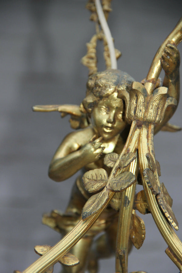 Antique French Bronze Winged putti angel figurine chandelier pendant lamp 3 arm
