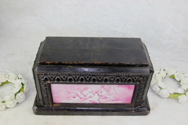 Antique 1879 Wood carved faience hand paint putti romantic cupido Base signed