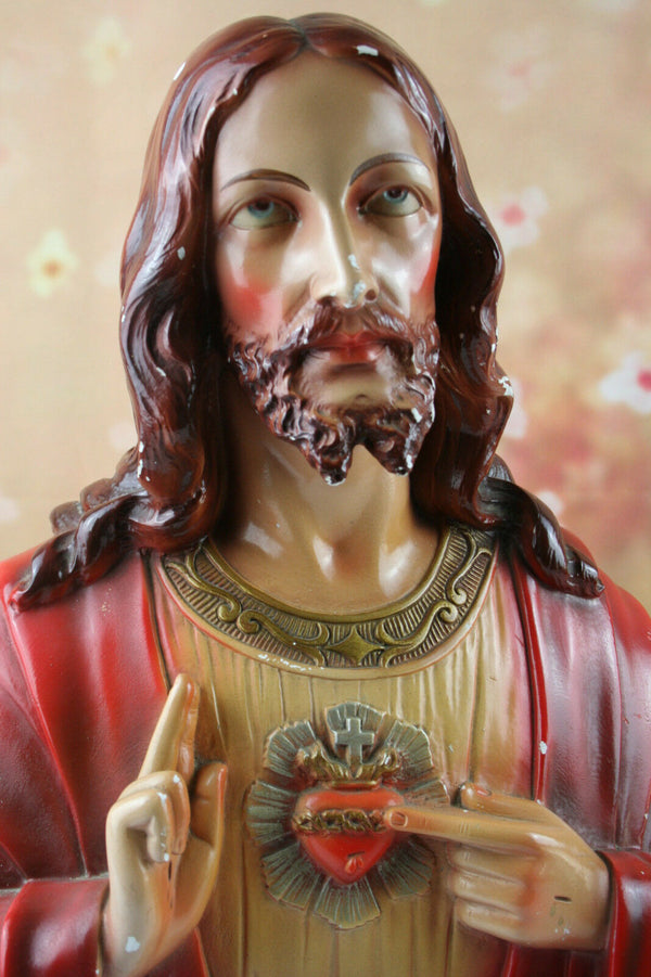 color Antique Jesus Christ Sacred Heart old Chalkware plaster statue colors