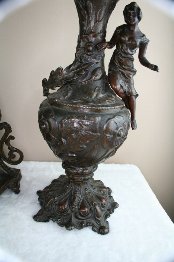 French spelter bronze Clock set Vases urns garniture 1960's art nouveau lady fig