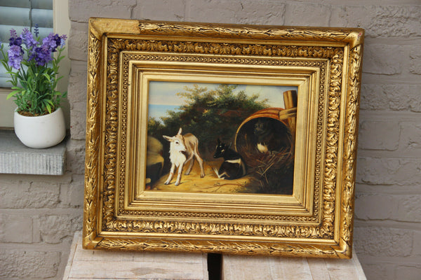 Gorgeous oil on panel painting dog with goats lambs animal