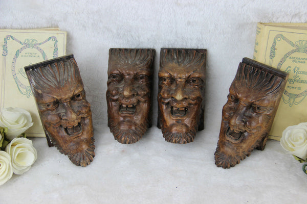 Set of 4 Antique XVIII Wood carved DEVIL gothic figurines head portrait ornament