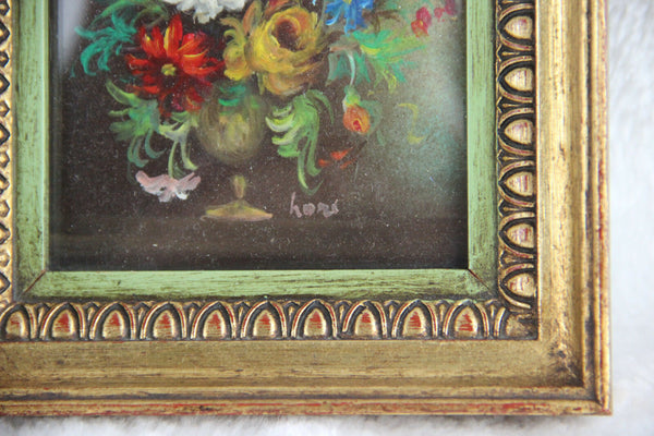 French Floral painting miniature portrait  still live 1960' signed