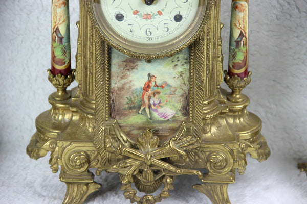 French porcelain Burgundy red romantic victorian Clock set vases