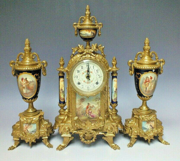 Gorgeous French Porcelain victorian scene Clock set candelabras urns FHS