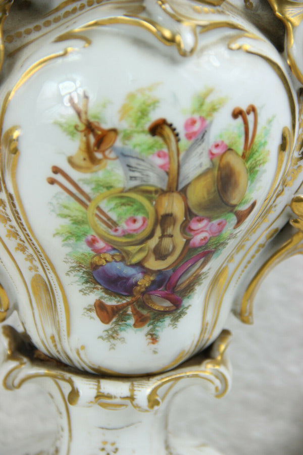 Antique XL 19thc French Vieux paris porcelain music Floral Vases