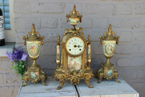 French Porcelain Clock set urns vases victorian romantic scenes