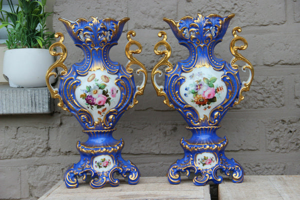 PAIR antique French vieux paris porcelain hand paint romantic victorian scene