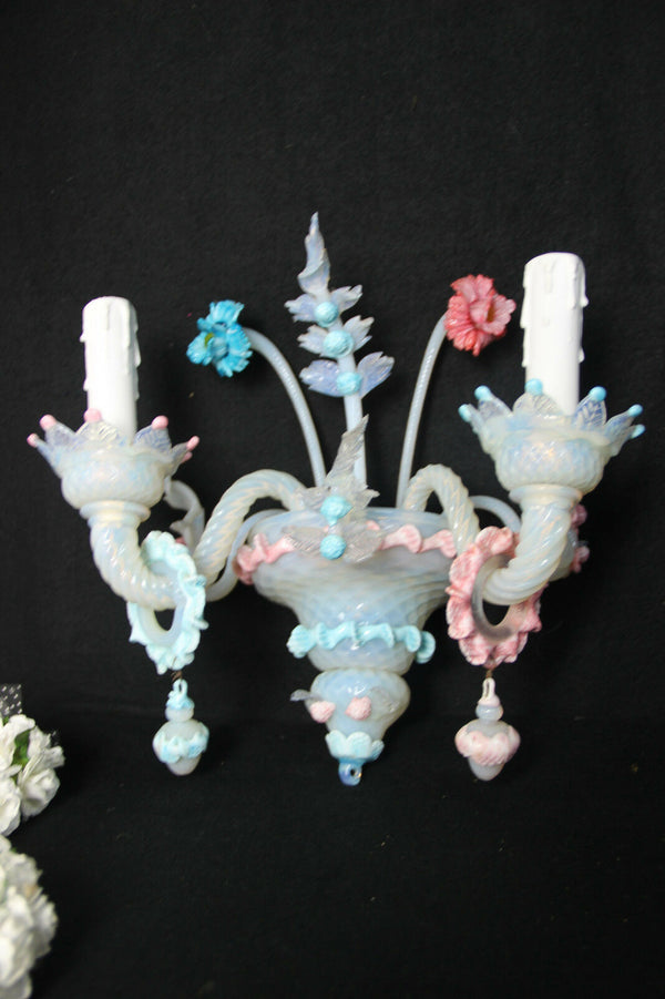 PAIR Murano hand blown glass Venetian wall lights sconces 1970 multi pink blue