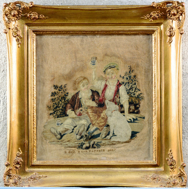 Antique very old 1847 signed needlework painting framed french school friendship