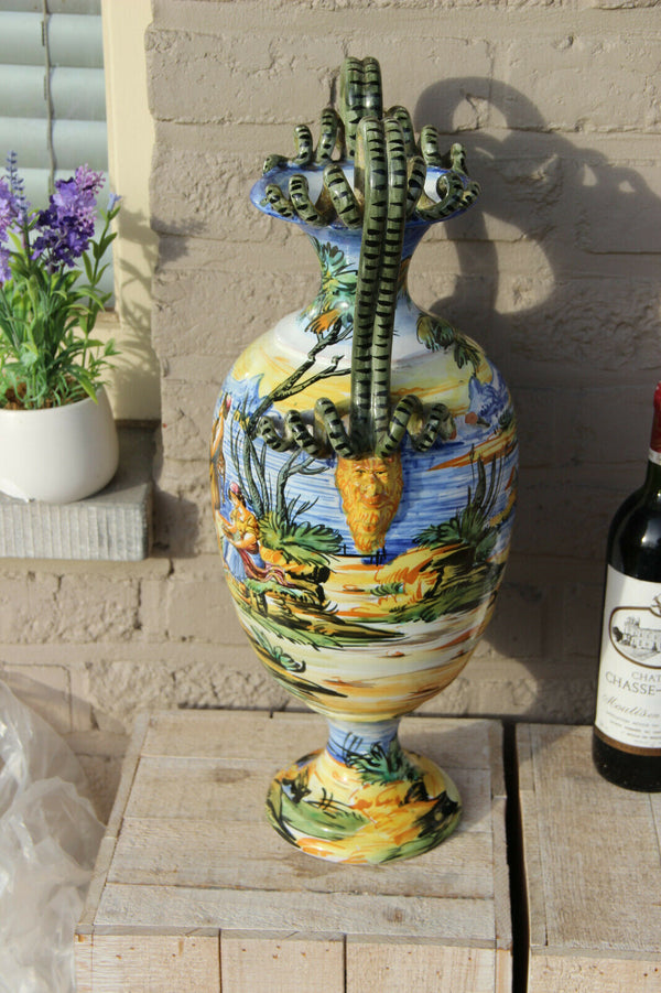 LARGE antique Italian majolica Satyr heads snakes handles hand paint vase
