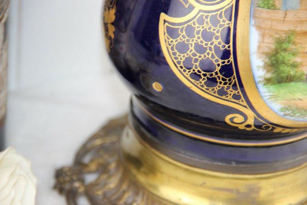 Antique French Limoges blue porcelain oil petrol lamp romantic scene floral