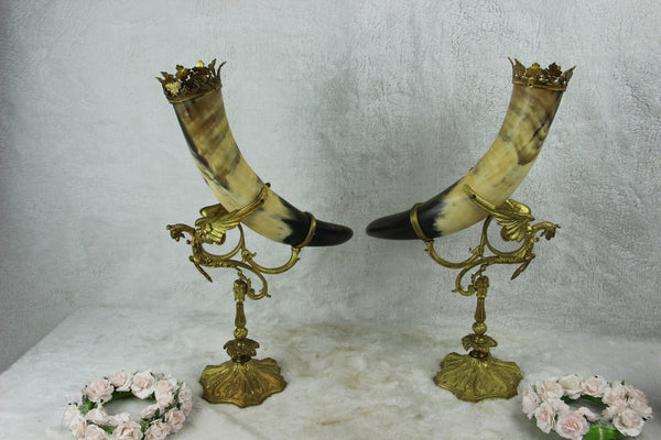 PAIR antique XL Bronze gothic dragon Cornucopia horn statue